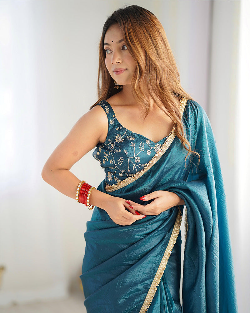 ENCHANTING TEAL BLUE TISSUE SILK PRE STITCHED SAREE WITH BLOUSE
