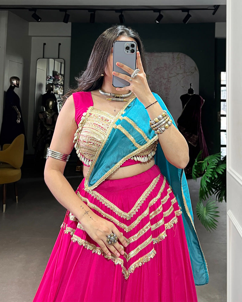 Alluring Pink Cotton Sequins Navratri Wear Lehenga Choli With Dupatta
