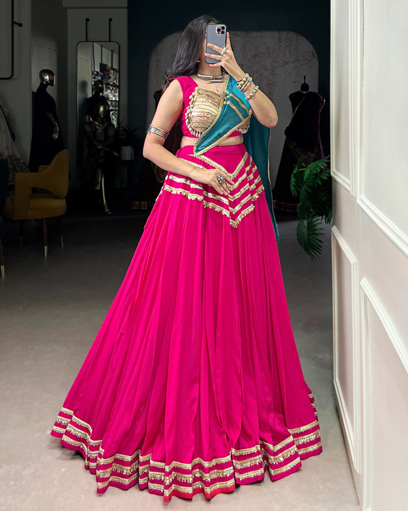 Alluring Pink Cotton Sequins Navratri Wear Lehenga Choli With Dupatta