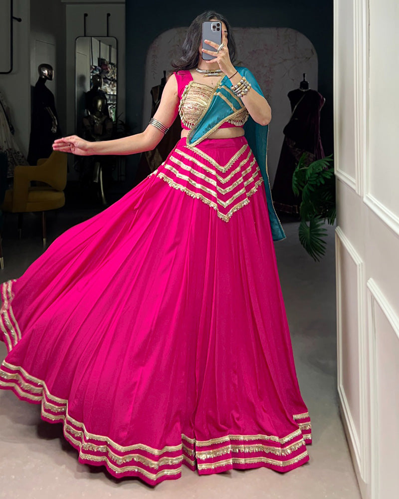 Alluring Pink Cotton Sequins Navratri Wear Lehenga Choli With Dupatta