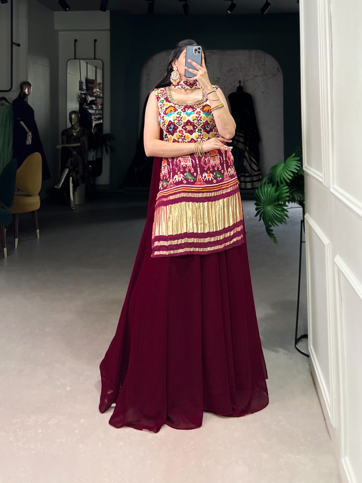 Designer Off White Color Gaji Silk Three Piece Plazzo Suit