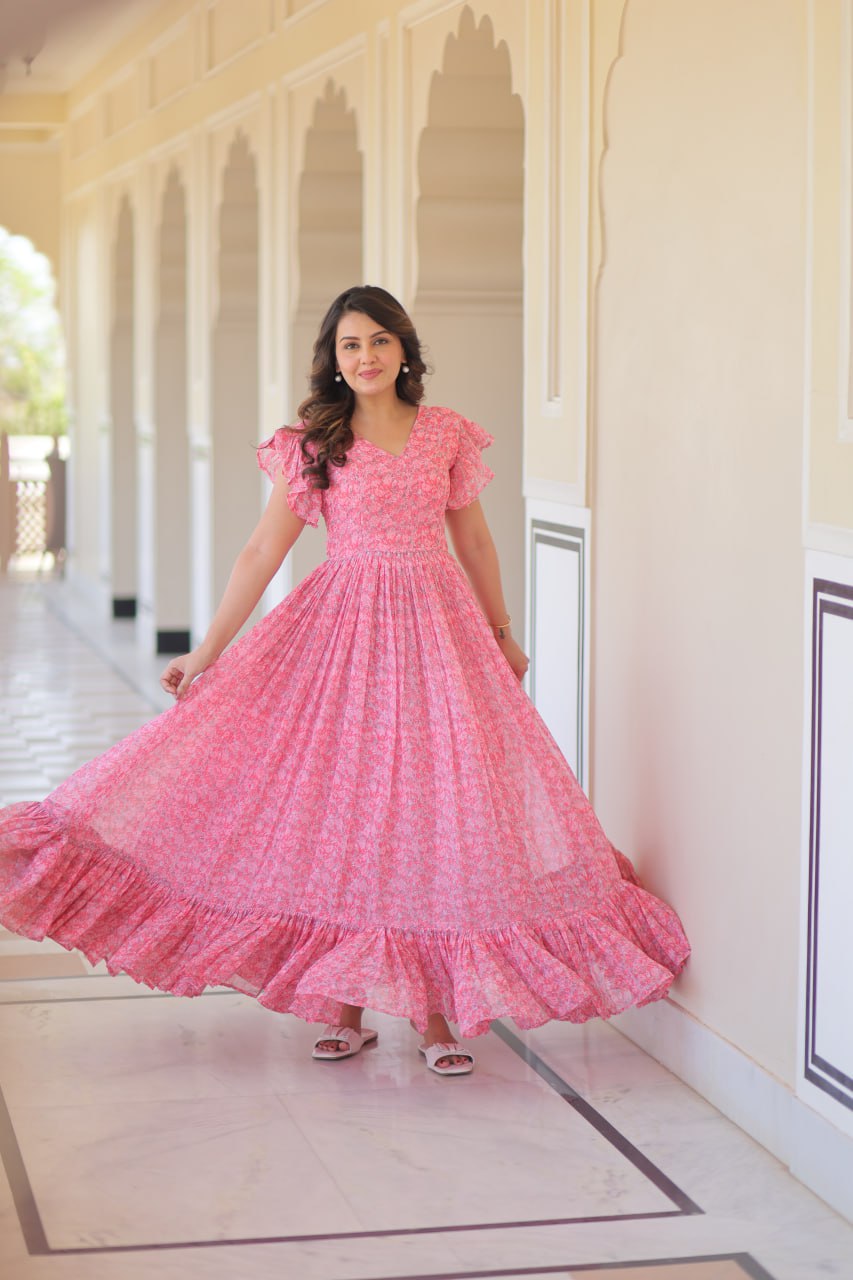 Big Flair Gown In Pink Georgette With Floral Print For Party With 7 Meter Flair