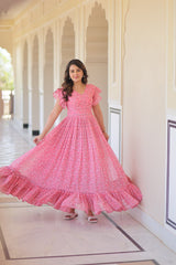 Big Flair Gown In Pink Georgette With Floral Print For Party With 7 Meter Flair