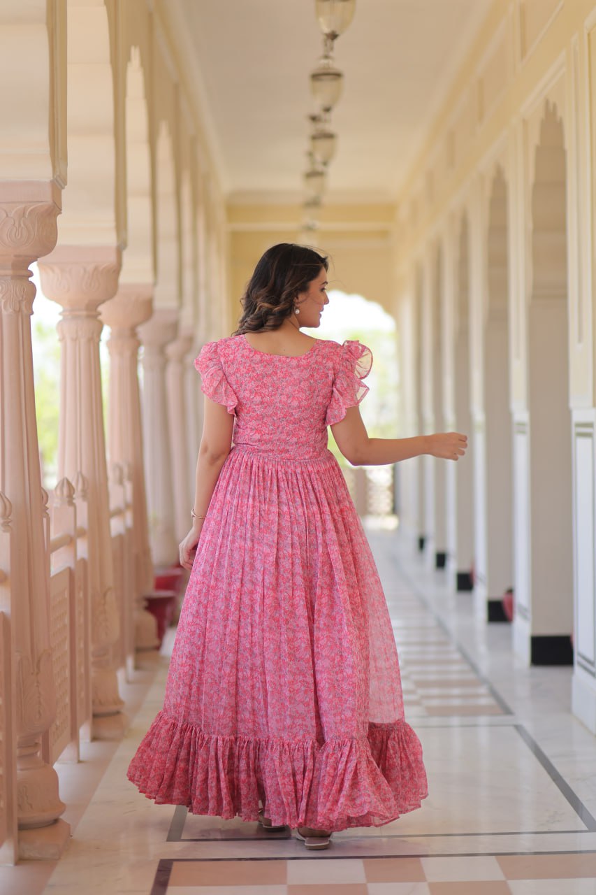Big Flair Gown In Pink Georgette With Floral Print For Party With 7 Meter Flair
