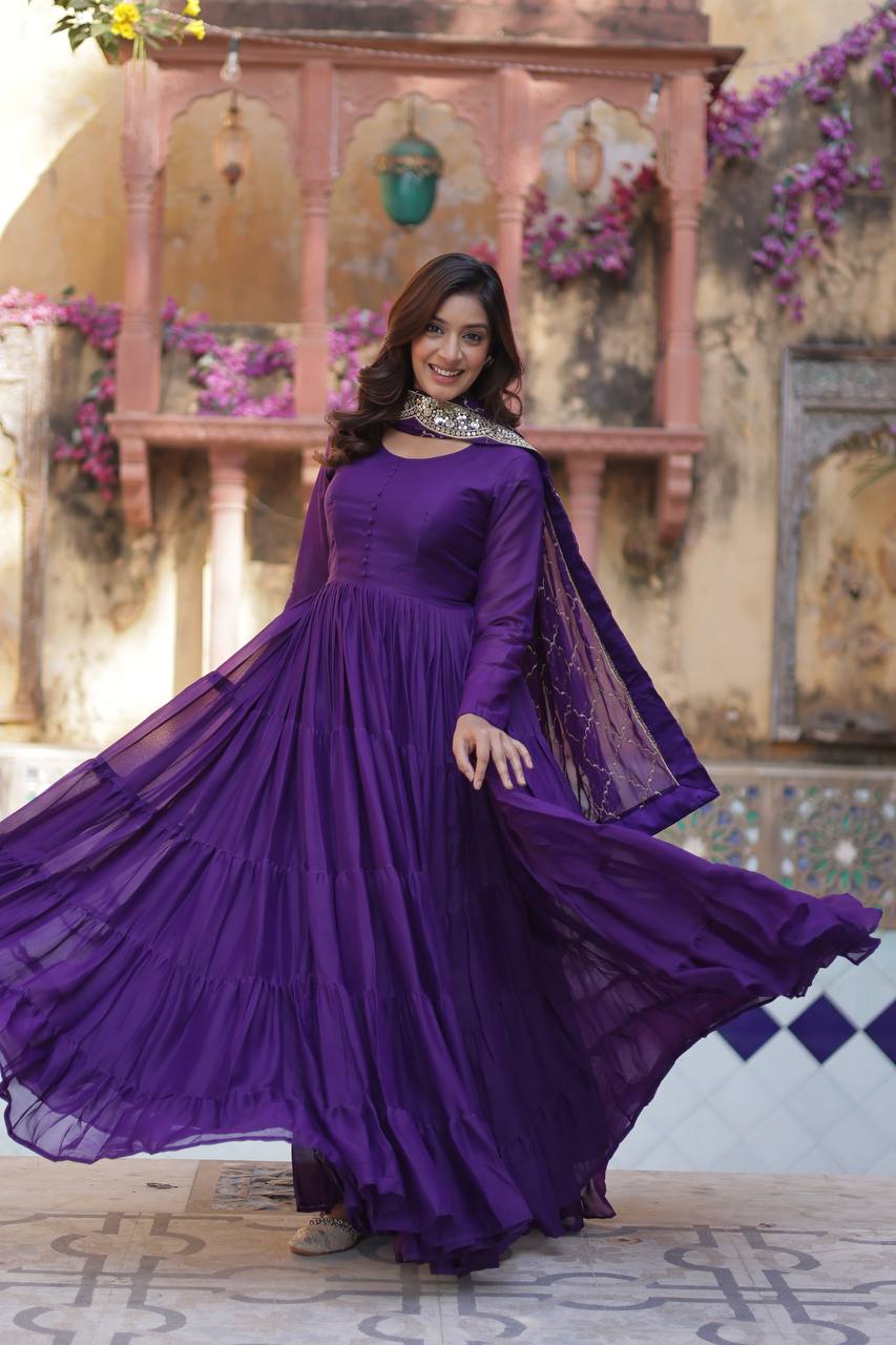 Tantalizing Purple Georgette Reception Wear Gown With Dupatta