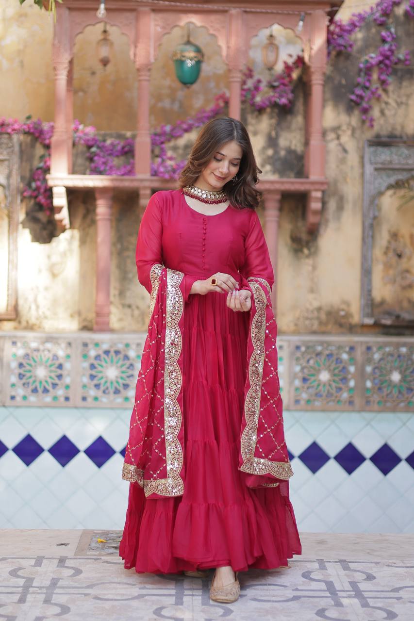 Attractive Pink Georgette Wedding Wear Gown With Dupatta