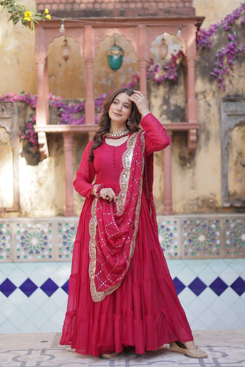 Attractive Pink Georgette Wedding Wear Gown With Dupatta