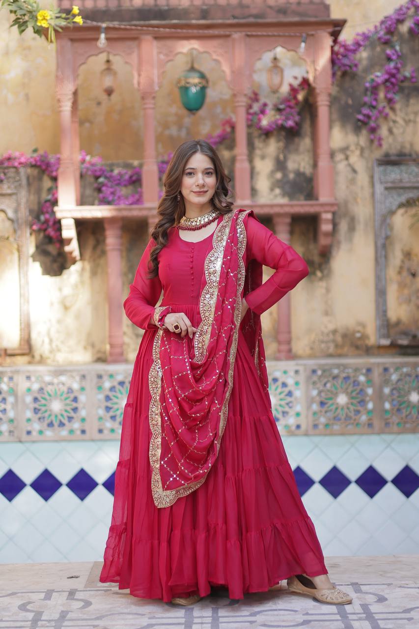 Attractive Pink Georgette Wedding Wear Gown With Dupatta