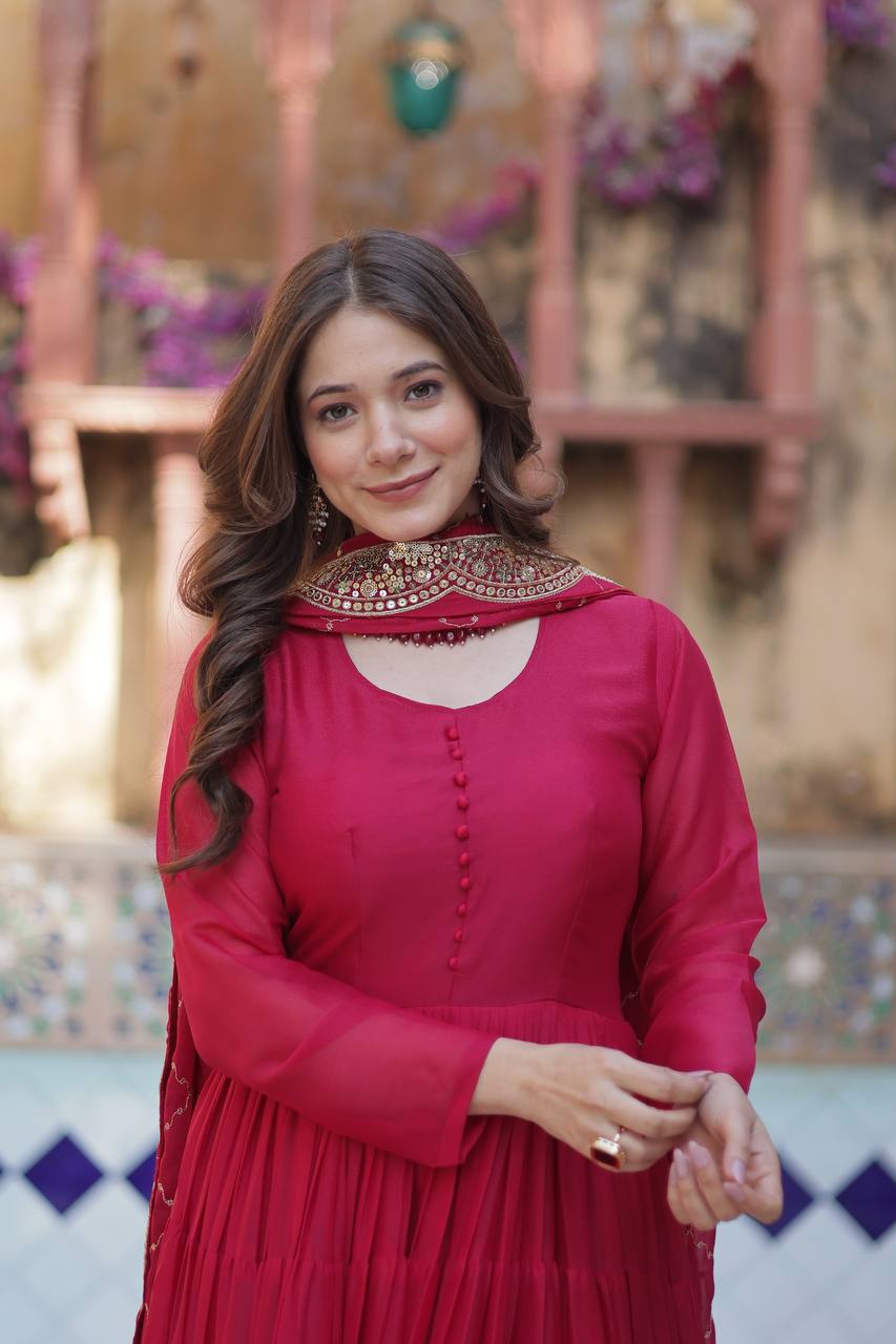 Attractive Pink Georgette Wedding Wear Gown With Dupatta