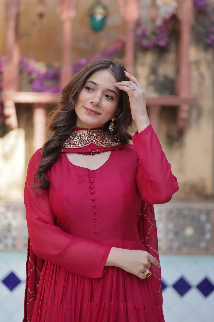 Attractive Pink Georgette Wedding Wear Gown With Dupatta