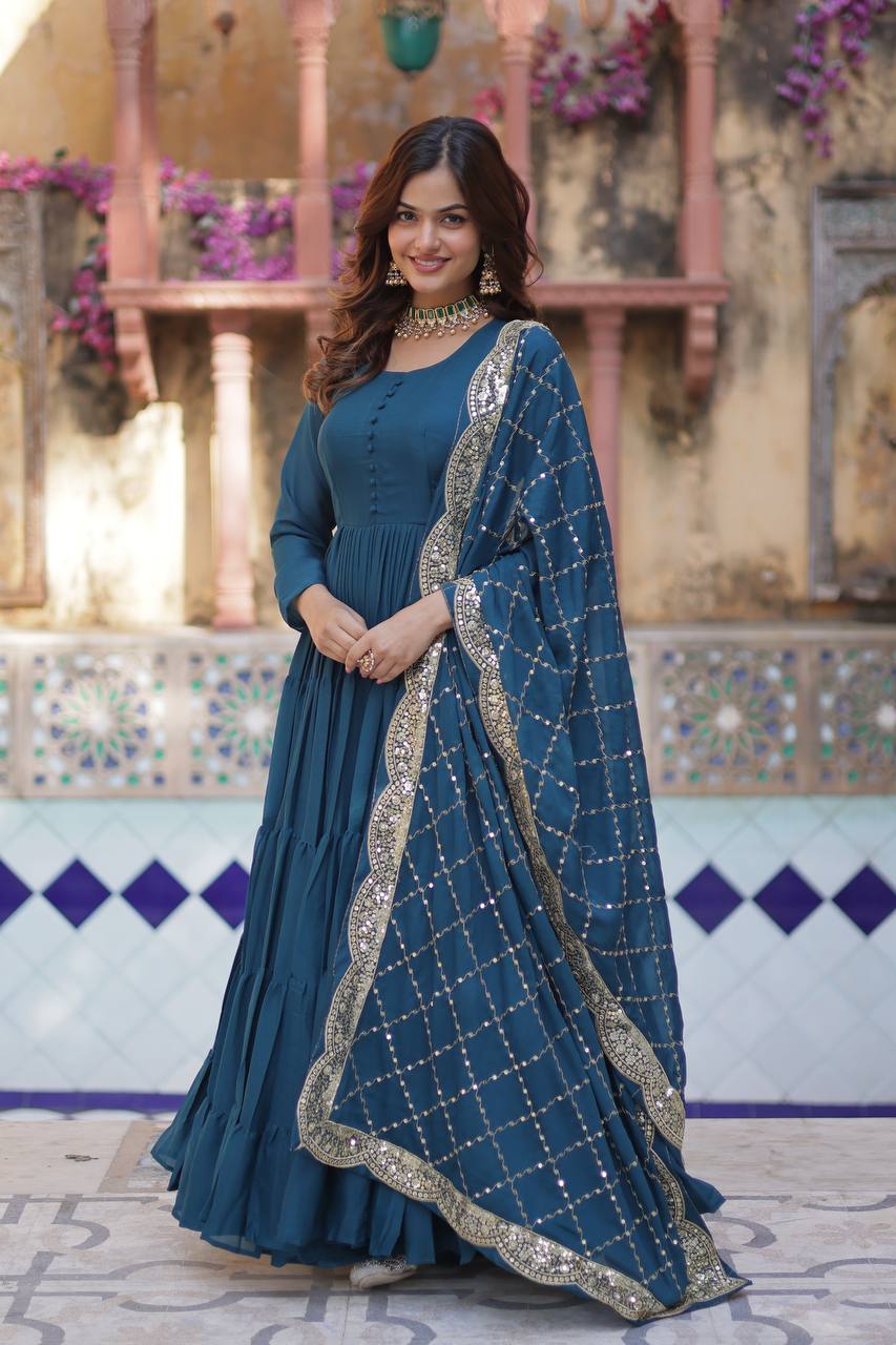 Morpeach Color Star Georgette Gown With Embroidered Dupatta By MITVAL