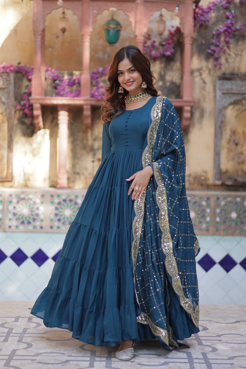 Morpeach Color Star Georgette Gown With Embroidered Dupatta By MITVAL