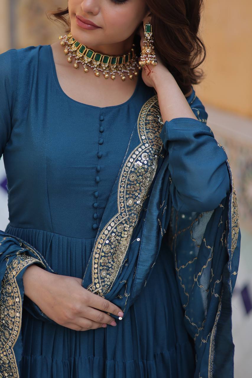 Morpeach Color Star Georgette Gown With Embroidered Dupatta By MITVAL