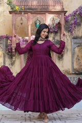 Ceremony Wear Wine Star Georgette Fully Flair Gown And Designer Embroidered Dupatta By MITVAL