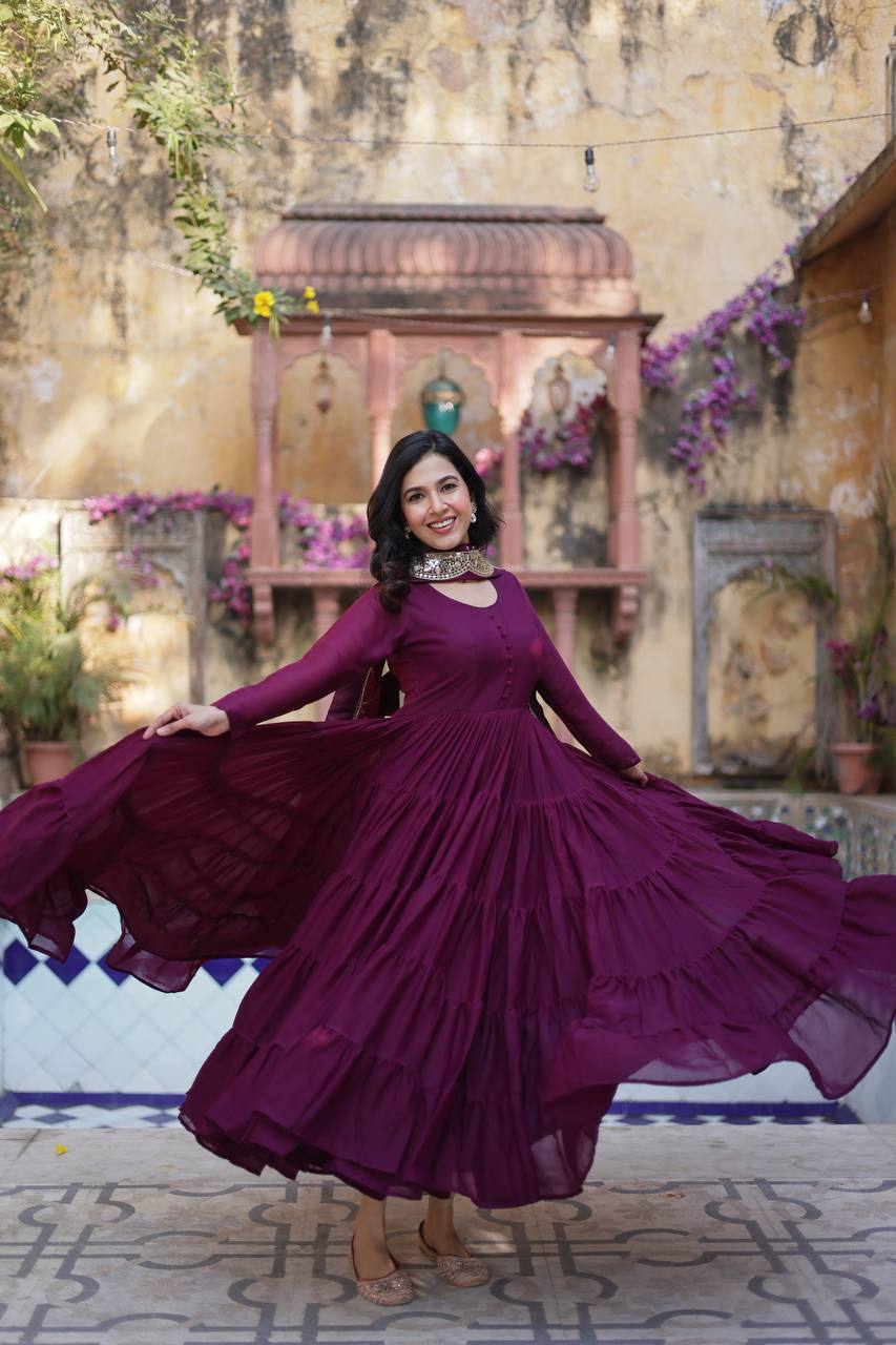 Ceremony Wear Wine Star Georgette Fully Flair Gown And Designer Embroidered Dupatta By MITVAL