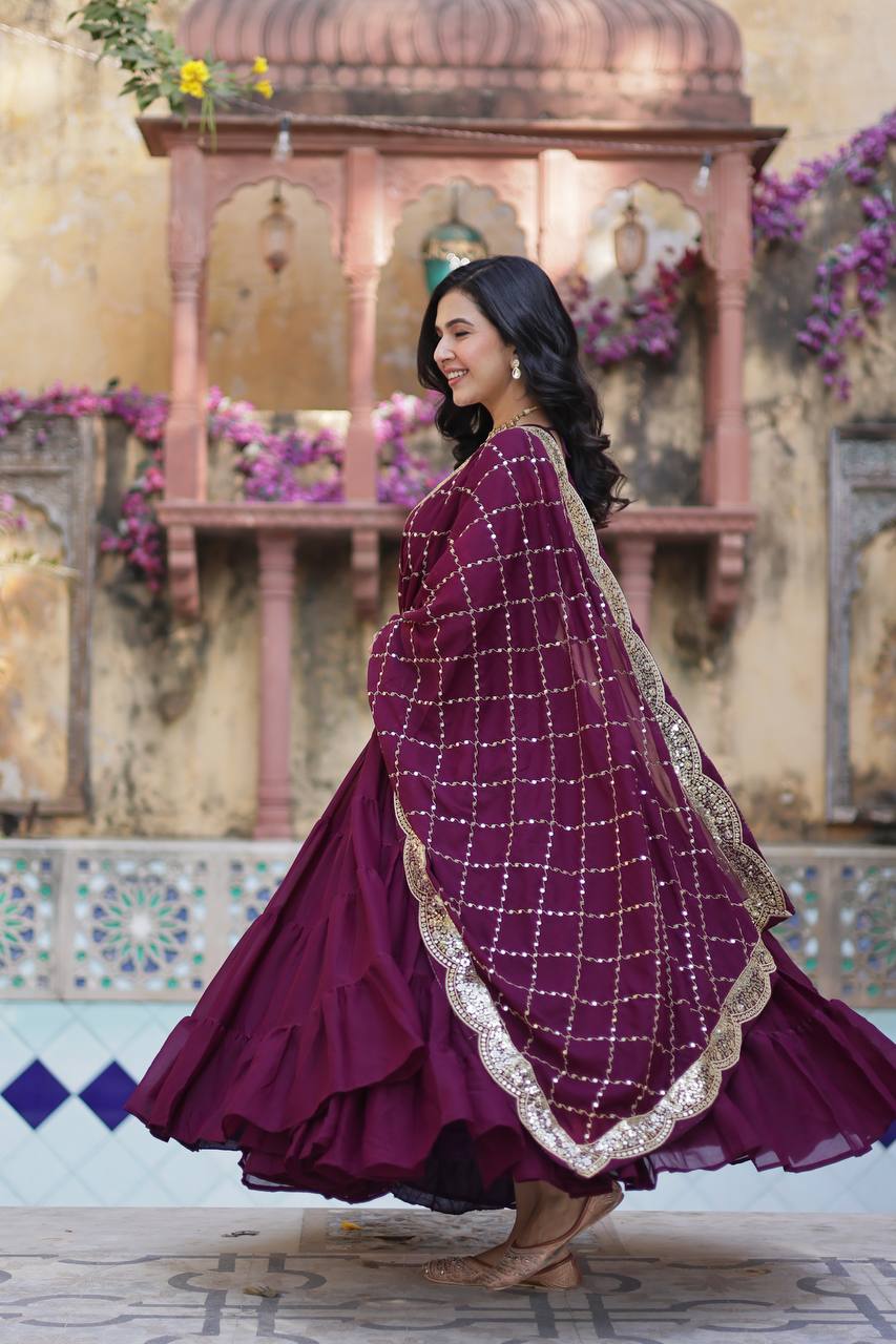 Ceremony Wear Wine Star Georgette Fully Flair Gown And Designer Embroidered Dupatta By MITVAL