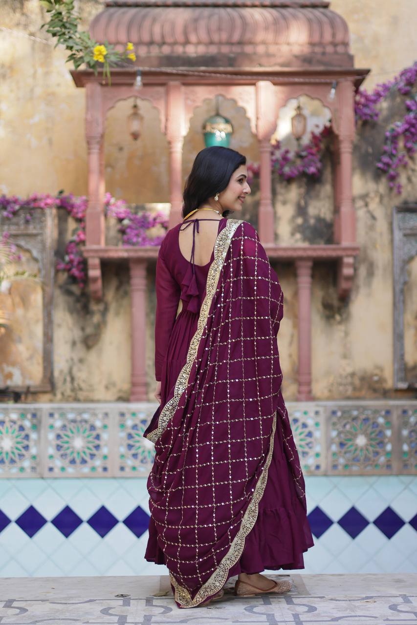 Ceremony Wear Wine Star Georgette Fully Flair Gown And Designer Embroidered Dupatta By MITVAL