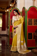 Designer Yellow Color Weightless Jacquard Chex Saree Women's Wear