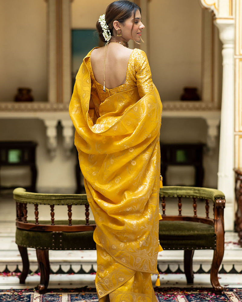 DESIGNER MUSTARD LITCHI SILK PRINTED SAREE WITH UNSTITCHED BLOUSE