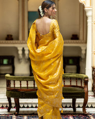 DESIGNER MUSTARD LITCHI SILK PRINTED SAREE WITH UNSTITCHED BLOUSE