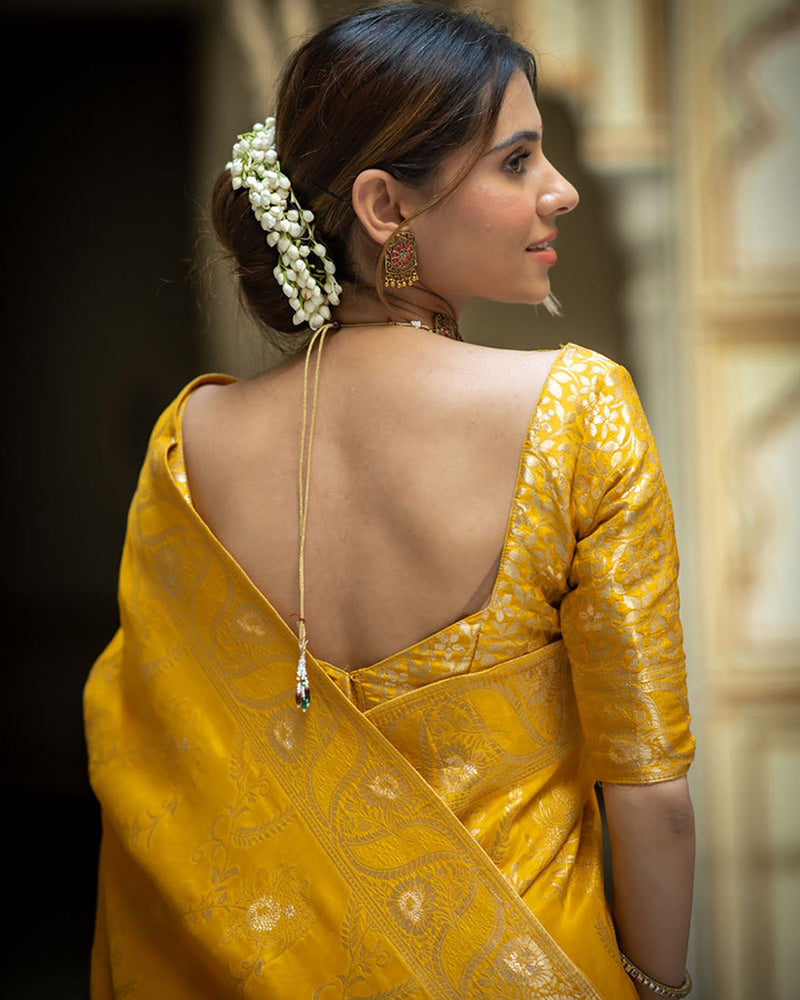DESIGNER MUSTARD LITCHI SILK PRINTED SAREE WITH UNSTITCHED BLOUSE