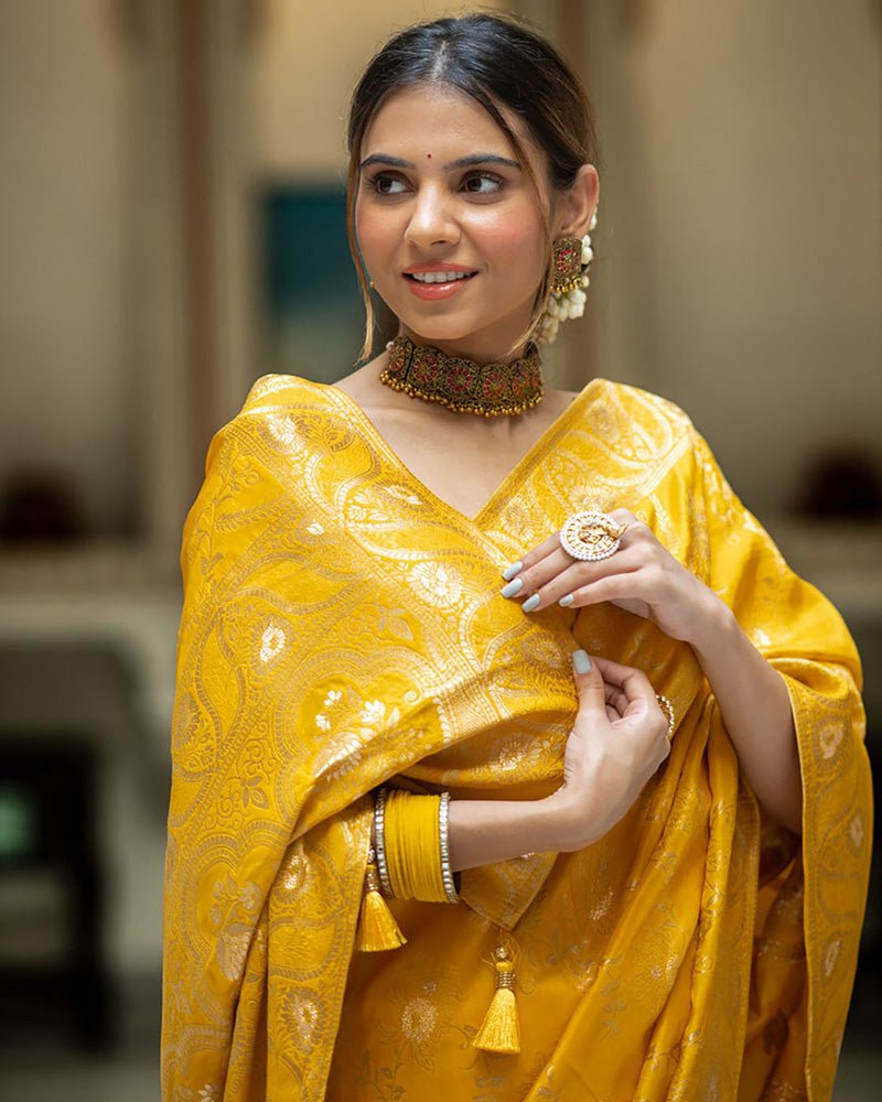 DESIGNER MUSTARD LITCHI SILK PRINTED SAREE WITH UNSTITCHED BLOUSE
