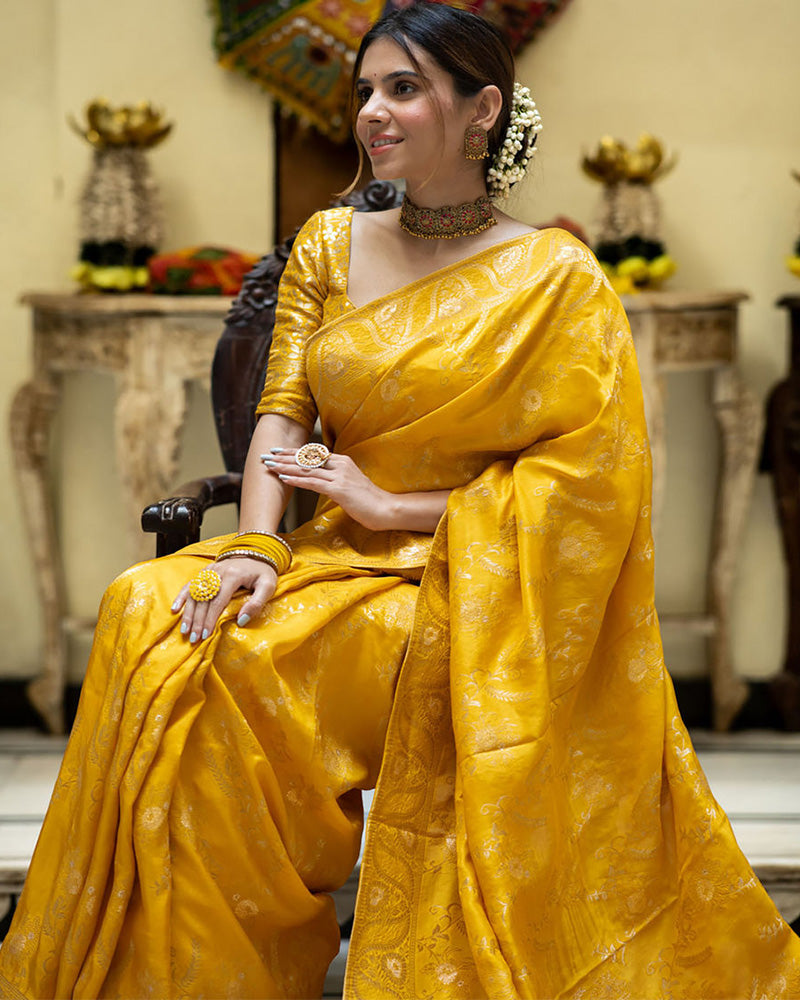 DESIGNER MUSTARD LITCHI SILK PRINTED SAREE WITH UNSTITCHED BLOUSE
