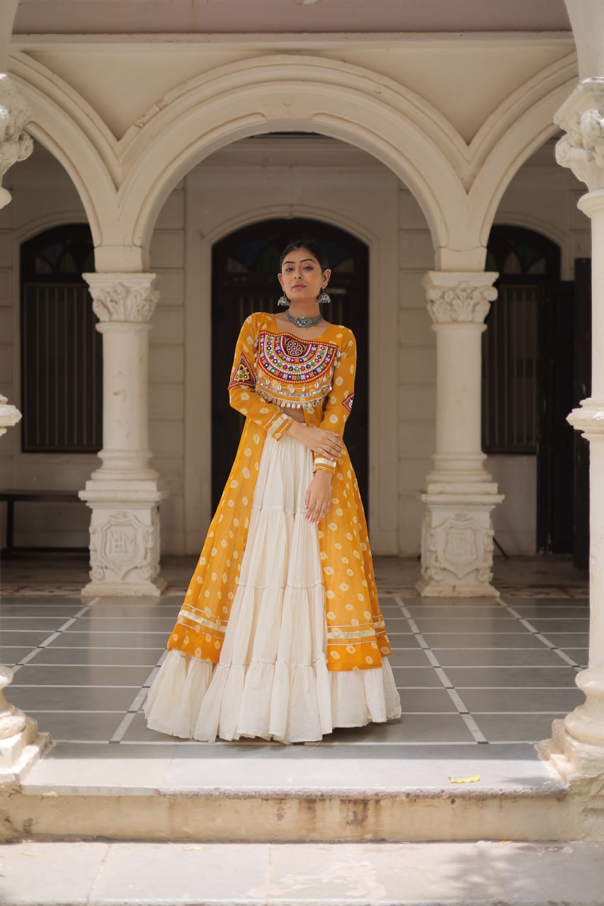 KORA COTTON STYLISH FRILL STITCHING BEAUTIFUL NAVRATRI LEHENGA WITH BANDHANI PRINTED KURTI