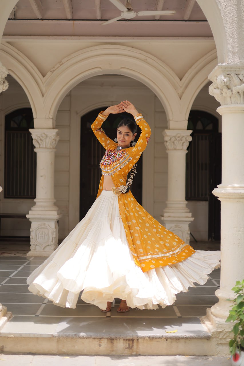 KORA COTTON STYLISH FRILL STITCHING BEAUTIFUL NAVRATRI LEHENGA WITH BANDHANI PRINTED KURTI