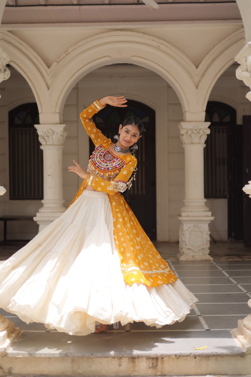 KORA COTTON STYLISH FRILL STITCHING BEAUTIFUL NAVRATRI LEHENGA WITH BANDHANI PRINTED KURTI