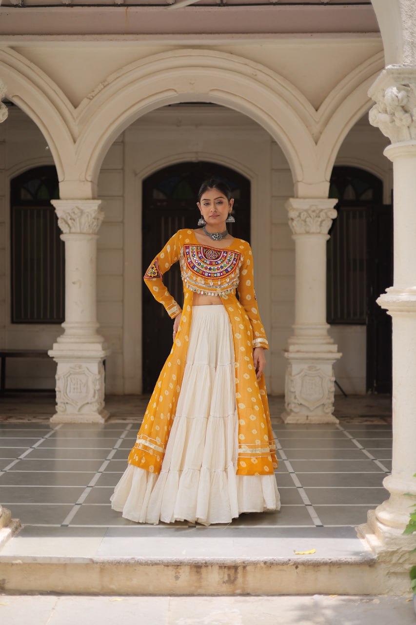 KORA COTTON STYLISH FRILL STITCHING BEAUTIFUL NAVRATRI LEHENGA WITH BANDHANI PRINTED KURTI