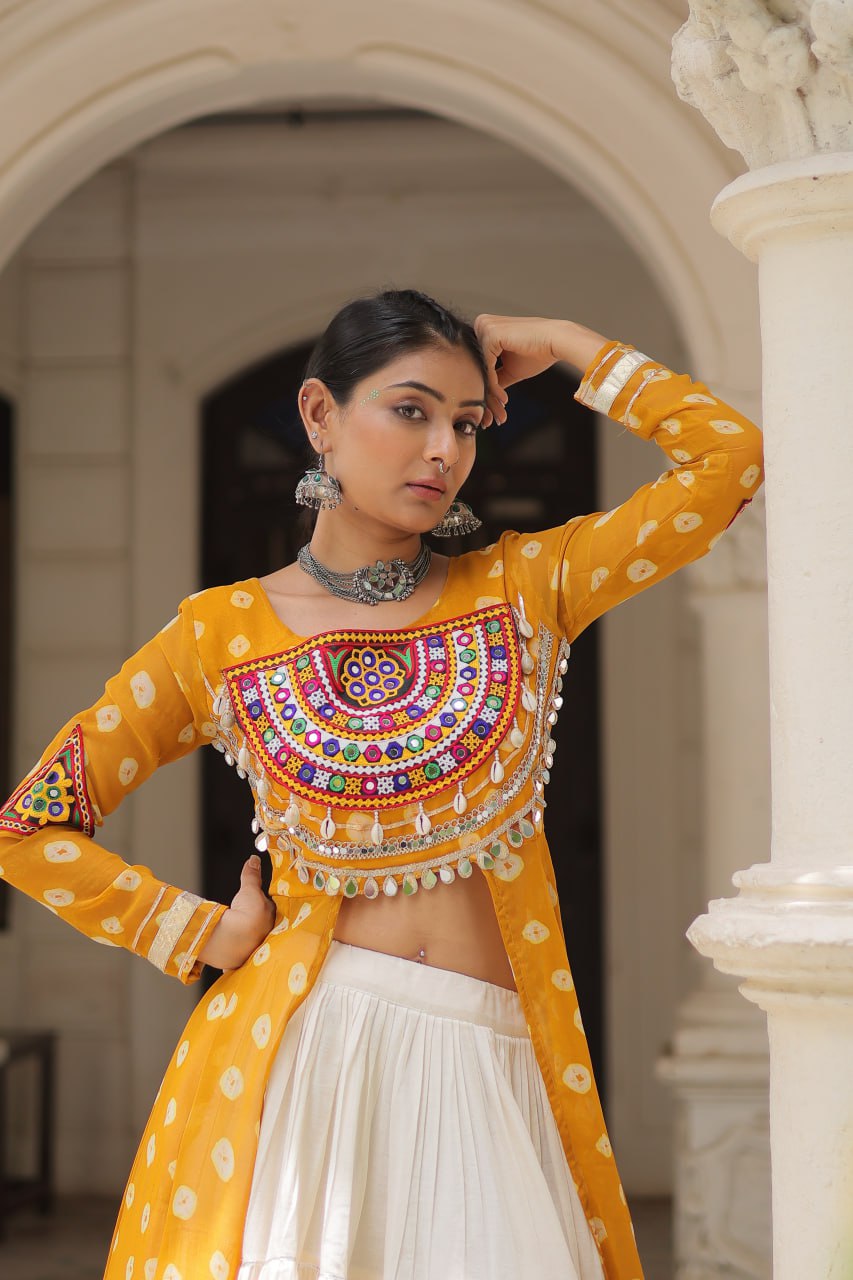 KORA COTTON STYLISH FRILL STITCHING BEAUTIFUL NAVRATRI LEHENGA WITH BANDHANI PRINTED KURTI