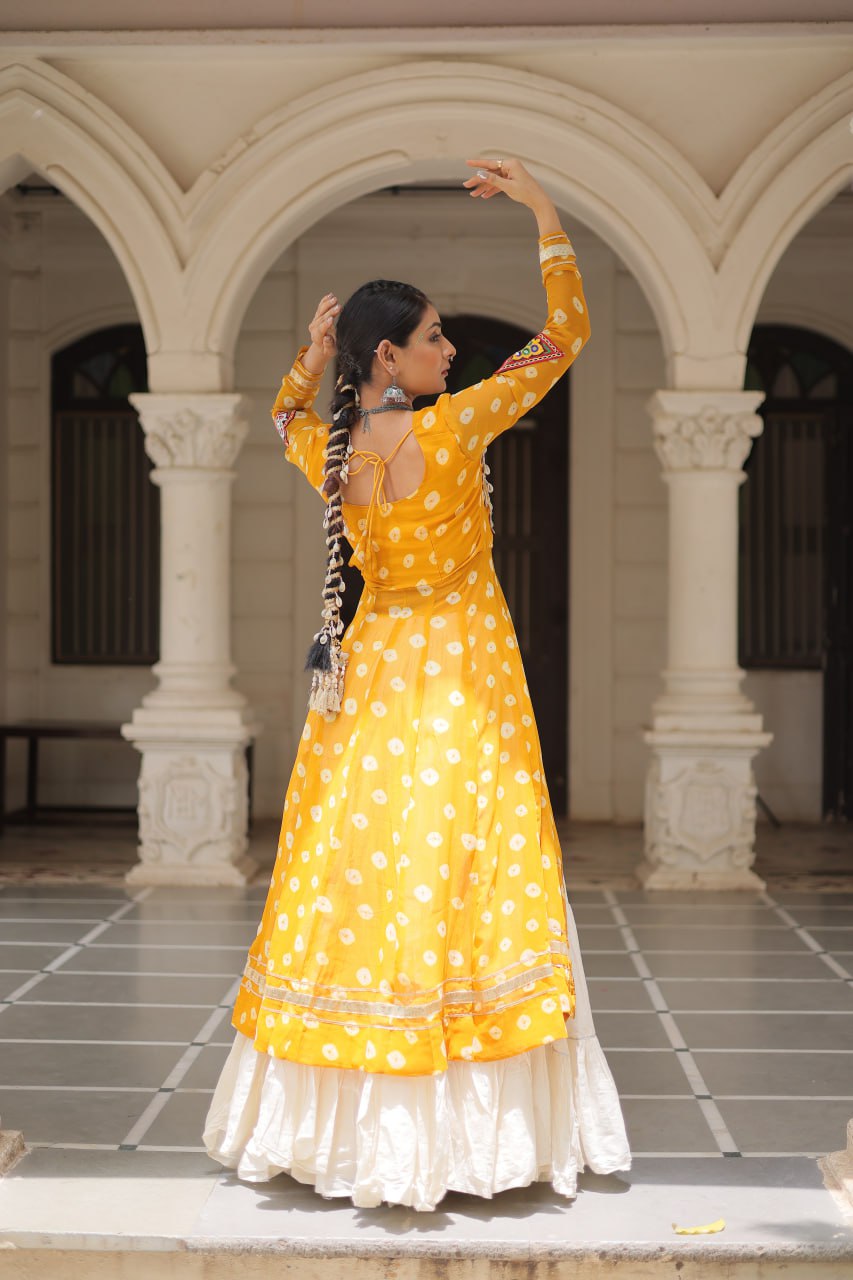 KORA COTTON STYLISH FRILL STITCHING BEAUTIFUL NAVRATRI LEHENGA WITH BANDHANI PRINTED KURTI