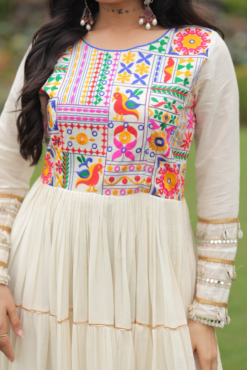 OFF-WHITE MULTI-THREAD KORA COTTON FESTIVE NAVRATRI GOWN