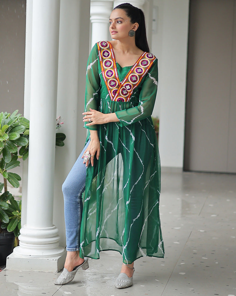 Designer Green Color Faux Georgette Kutchi Work Navratri Kurti