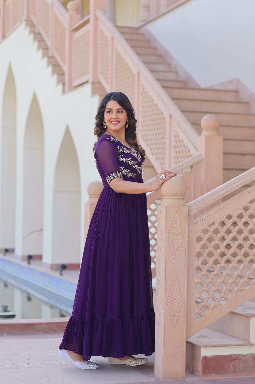 Pretty Purple Georgette Beads Work Festival Wear Gown