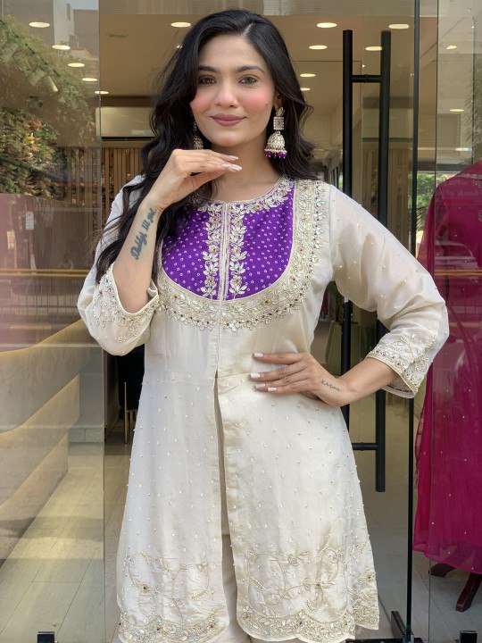 Designer Co Ords Set in Cream Color Roman Silk With Embroidery and Moti Work
