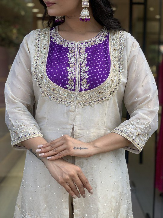 Designer Co Ords Set in Cream Color Roman Silk With Embroidery and Moti Work