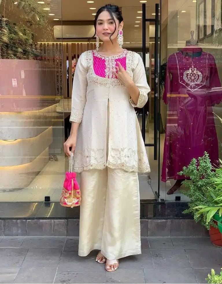 Designer Co Ords Set in Cream Color Roman Silk With Embroidery and Moti Work