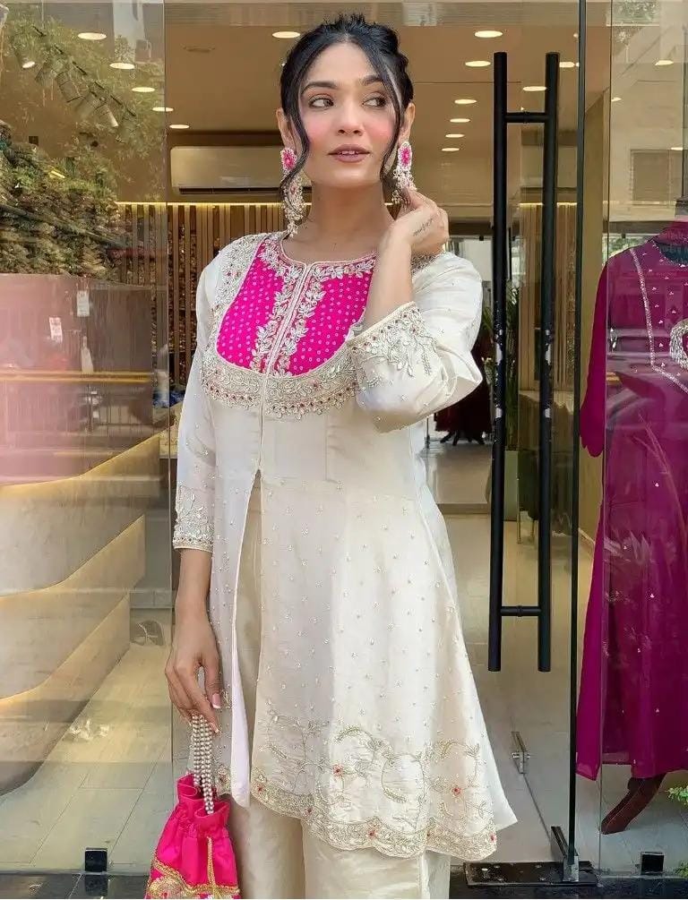Designer Co Ords Set in Cream Color Roman Silk With Embroidery and Moti Work
