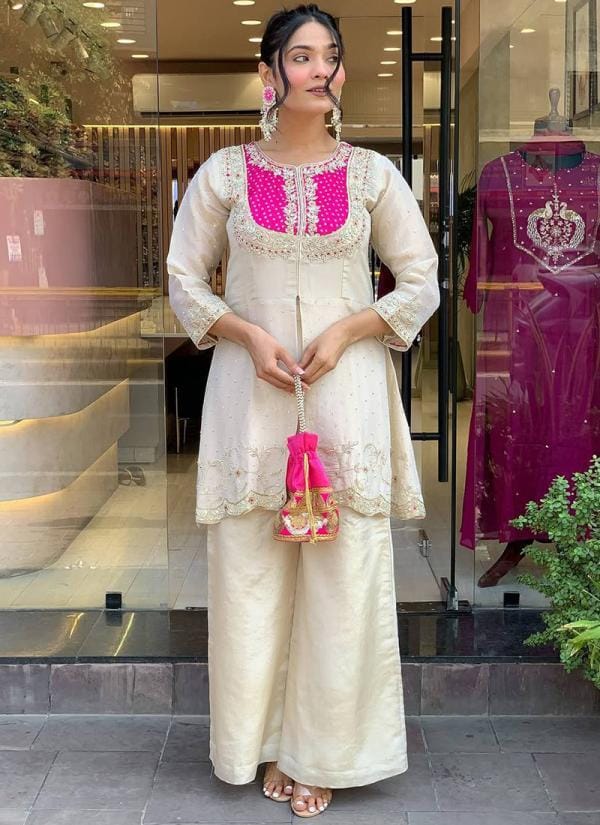 Designer Co Ords Set in Cream Color Roman Silk With Embroidery and Moti Work