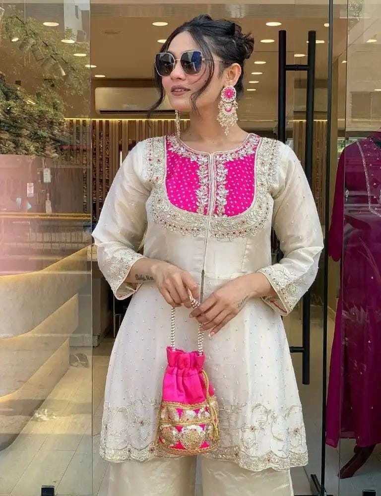 Designer Co Ords Set in Cream Color Roman Silk With Embroidery and Moti Work