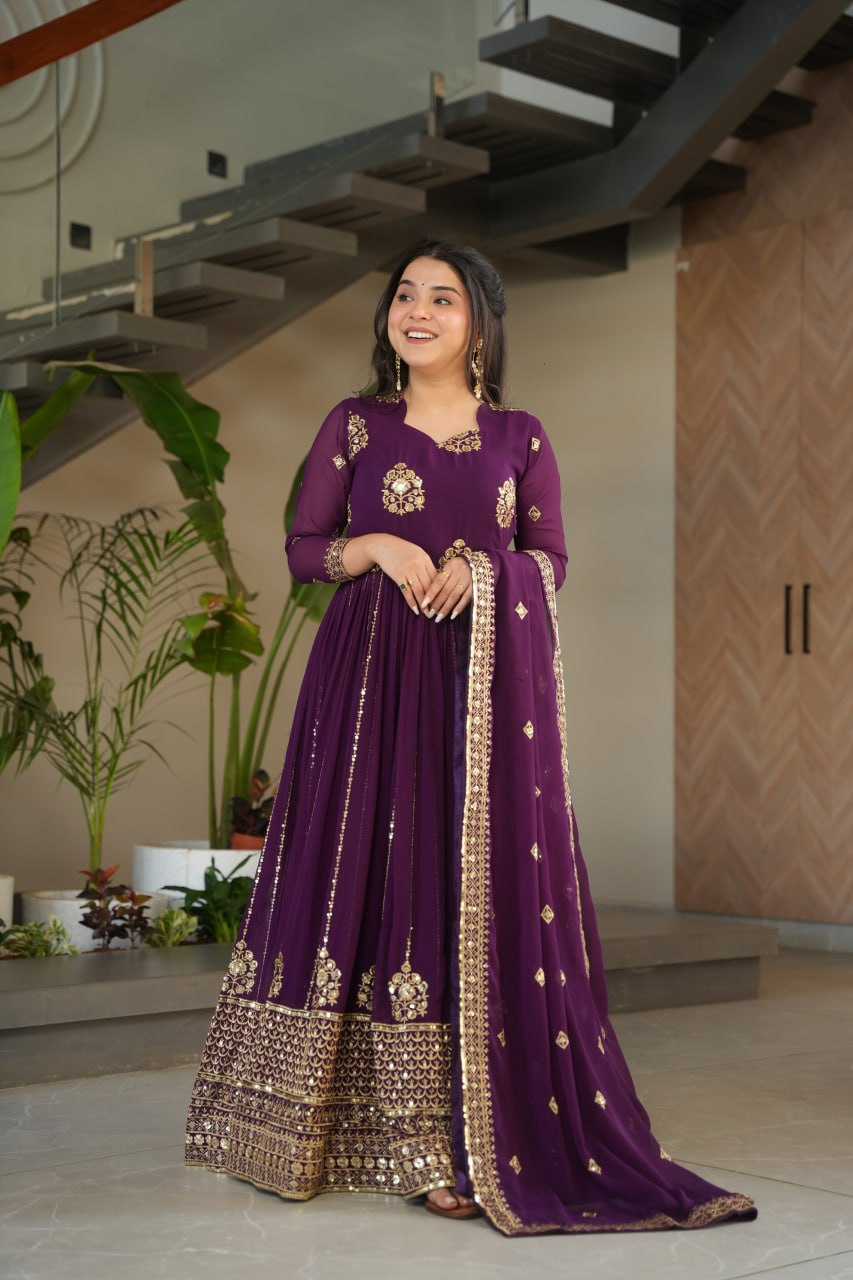 Intricate Wine Georgette Sequins Embroidered Gown With Dupatta