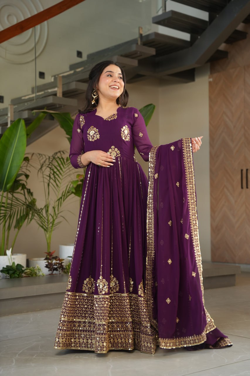Intricate Wine Georgette Sequins Embroidered Gown With Dupatta