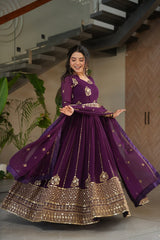 Intricate Wine Georgette Sequins Embroidered Gown With Dupatta
