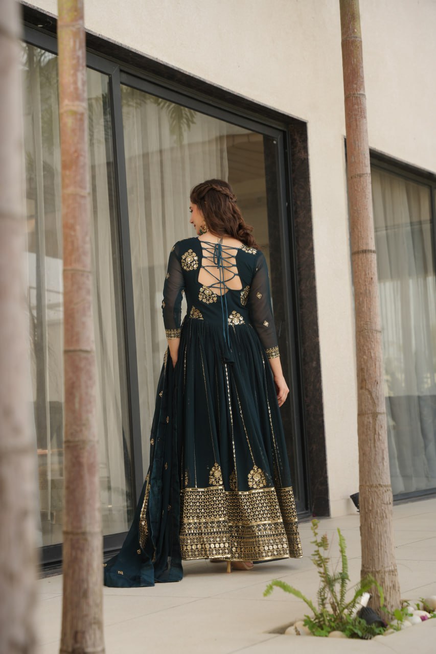 Delicate Blue Georgette Zari Embroidered Gown With Dupatta
