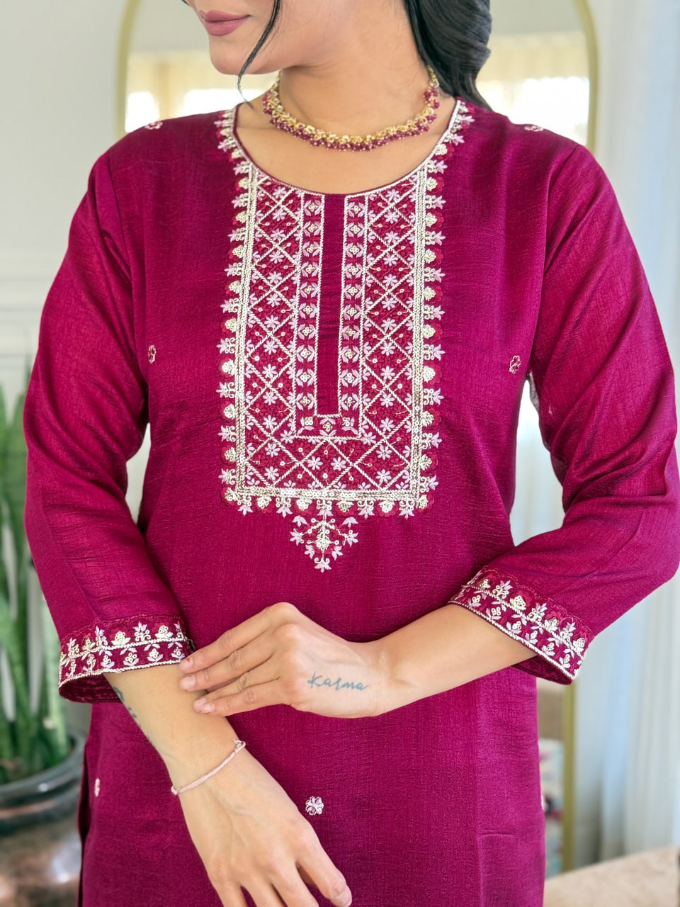 Embroidered Pleated A-Line Kurta with Trouser & Dupatta