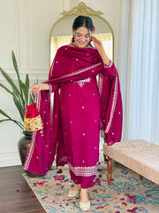 Embroidered Pleated A-Line Kurta with Trouser & Dupatta