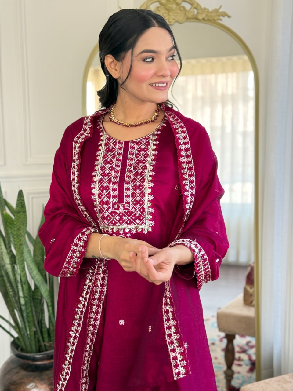 Embroidered Pleated A-Line Kurta with Trouser & Dupatta