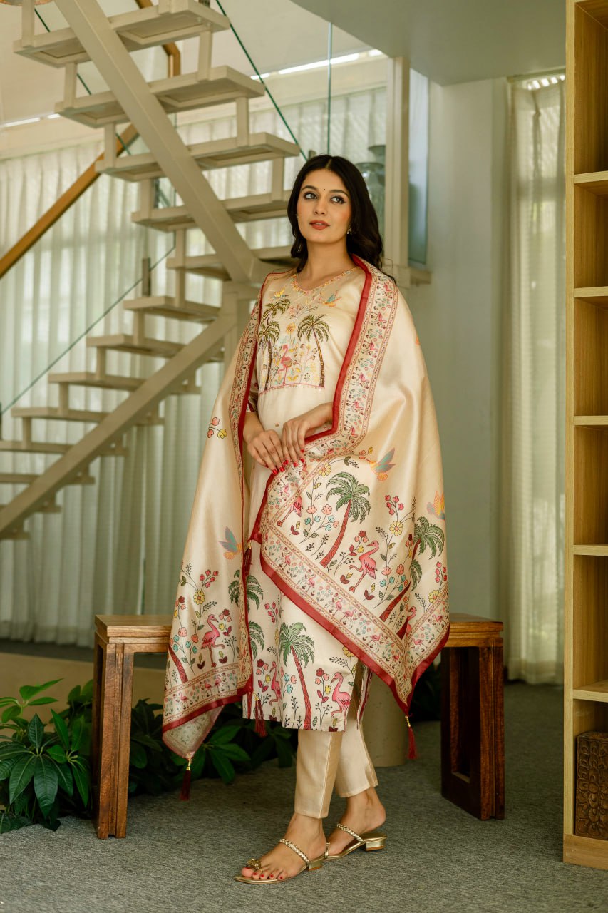 Viscose Assam Silk And Embroidared Beads Work With Printed Dupatta Dresses